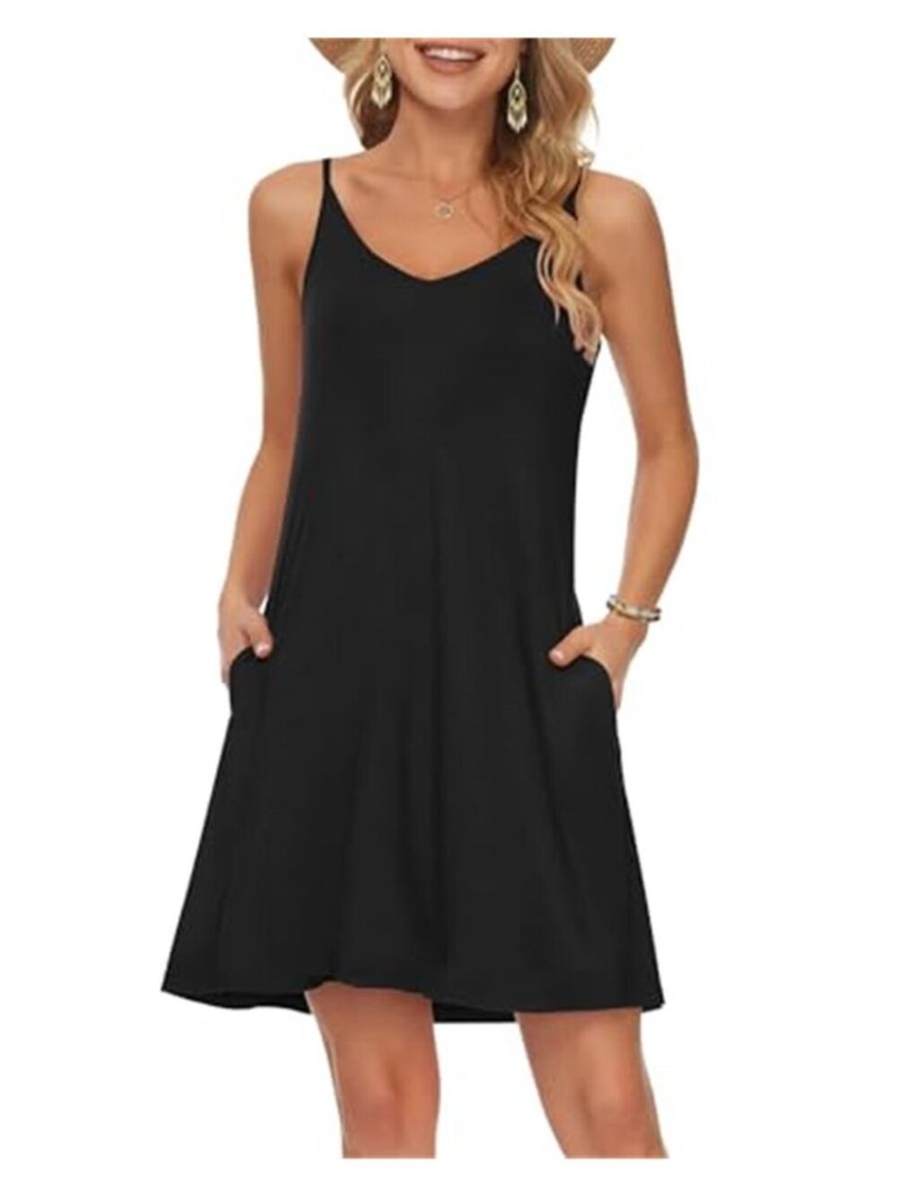 Black Floral Swing Tank Dress Spaghetti Strap V Neck Pockets Beach Cover Up